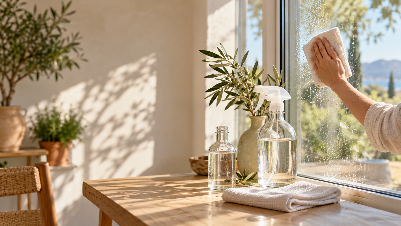 Limpiacristales natural preparado con vinagre blanco y agua destilada junto a una ventana