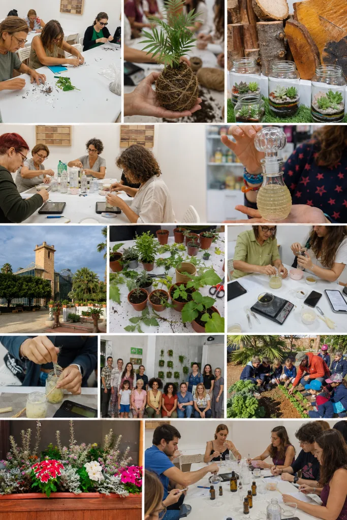 Collage de talleres de botánica, jardinería y creatividad vegetal
