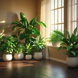 Ilustración de plantas de interior junto a una ventana luminosa