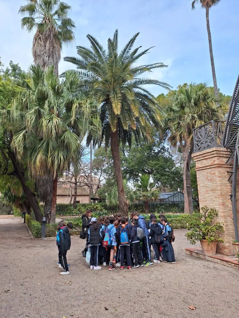Grupo escolar de visita entre las palmeras del jardín botánico